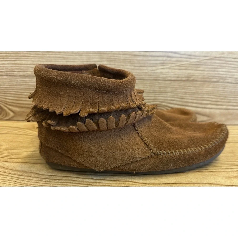 Minnetonka‎ Moccasins Brown Double Fringe Leather Bootie Ankle Boots Girls Sz 3